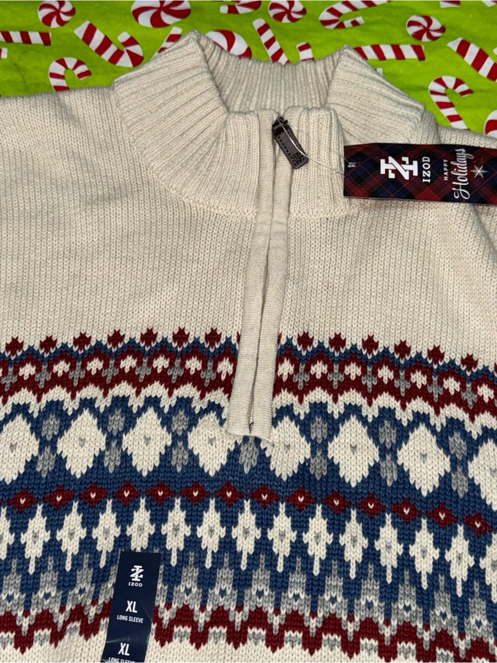 Izod Cream Fair Isle Quarter-Zip Sweater with Navy & Burgundy Pattern - Picture 10 of 16